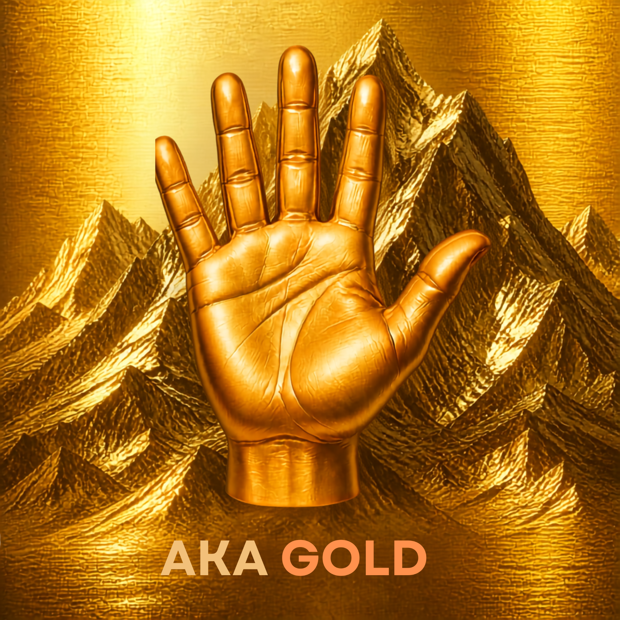 AKA GOLD golden hand against a gold mountain landscape